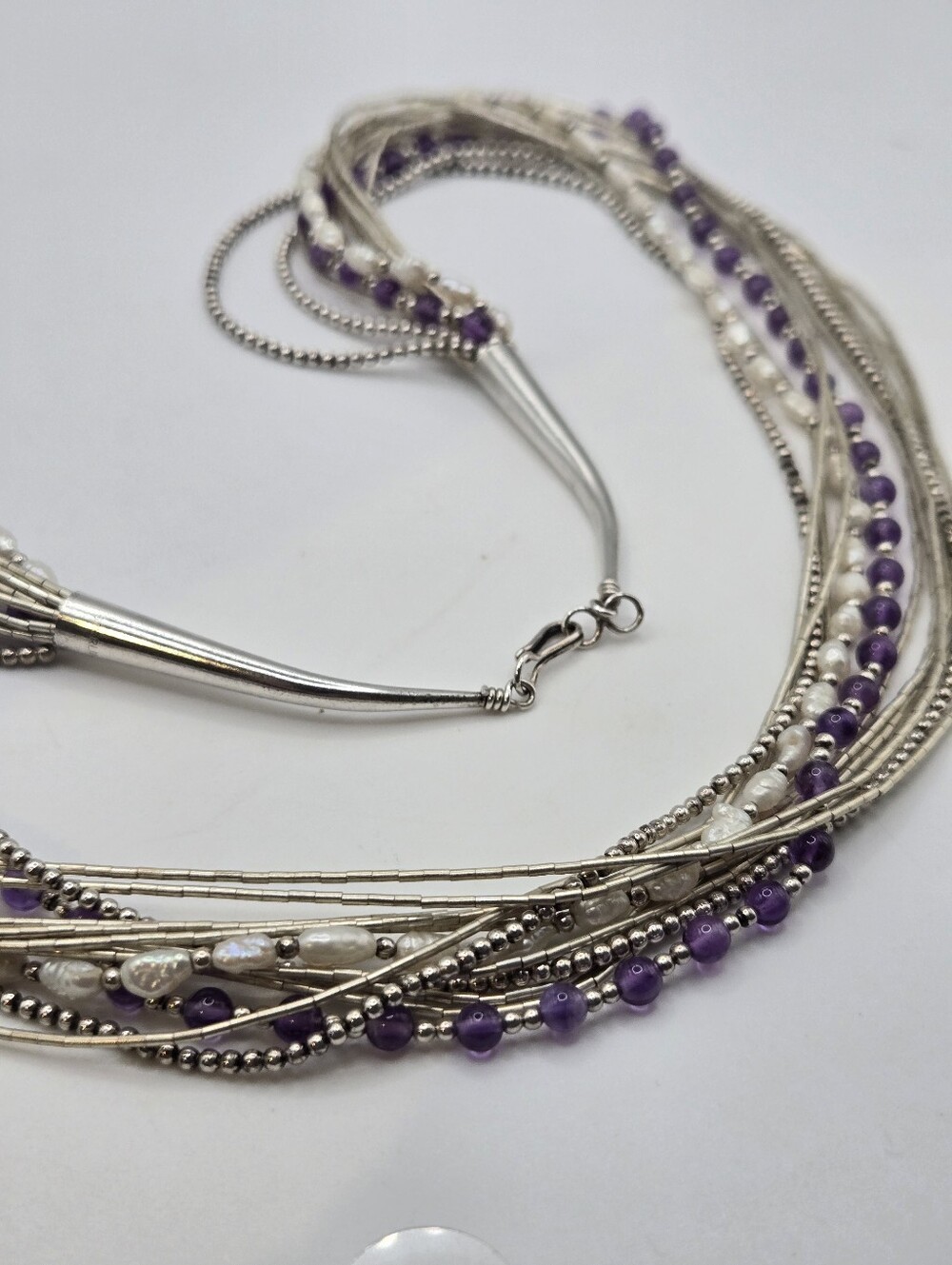Liquid Silver Multi Strand Sterling Silver Necklace 27” 54grams Amethyst Pearls